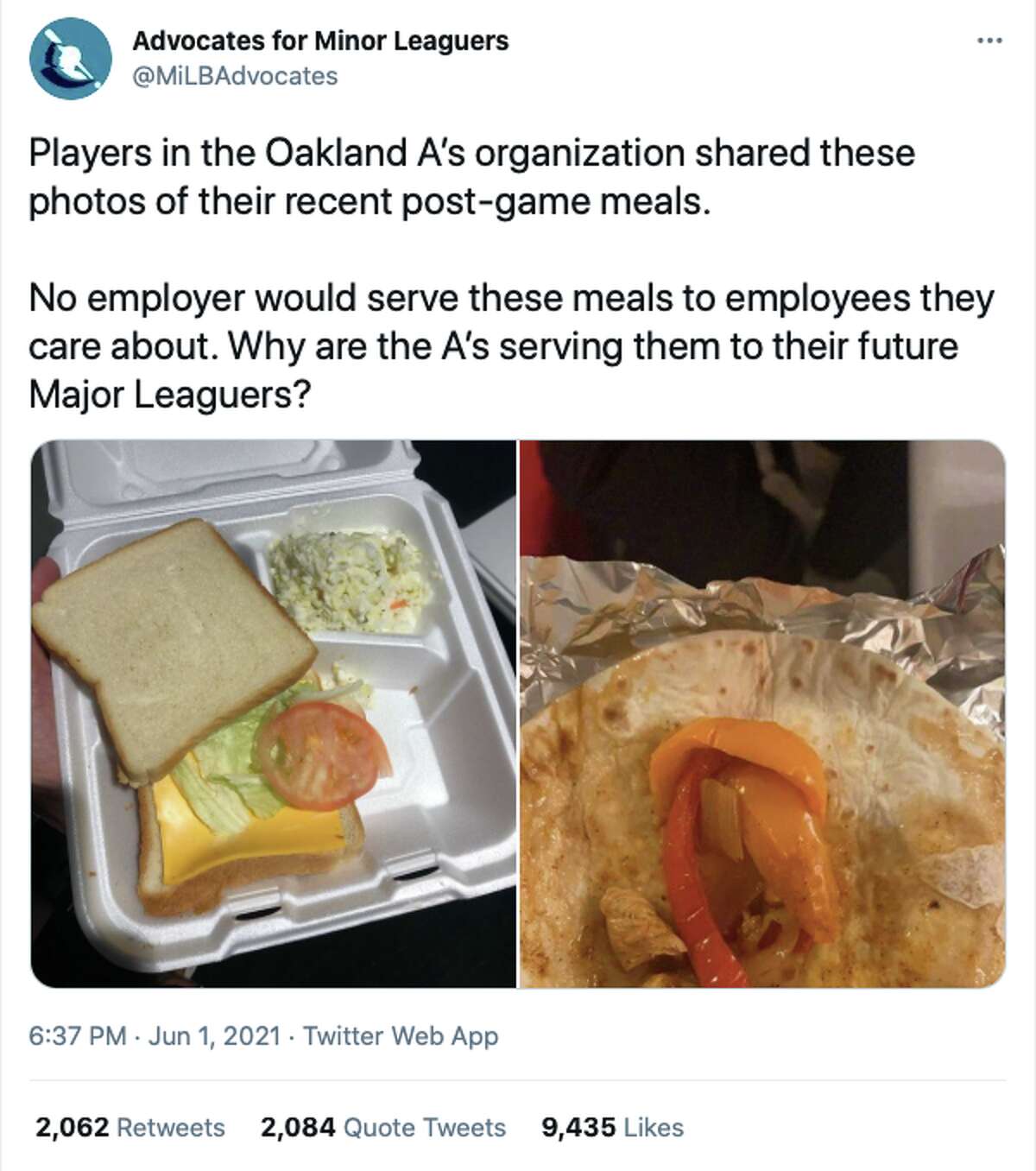The tweet sent out by Advocates for Minor Leaguers Tuesday showing two meals given to Oakland Athletics minor league players. 