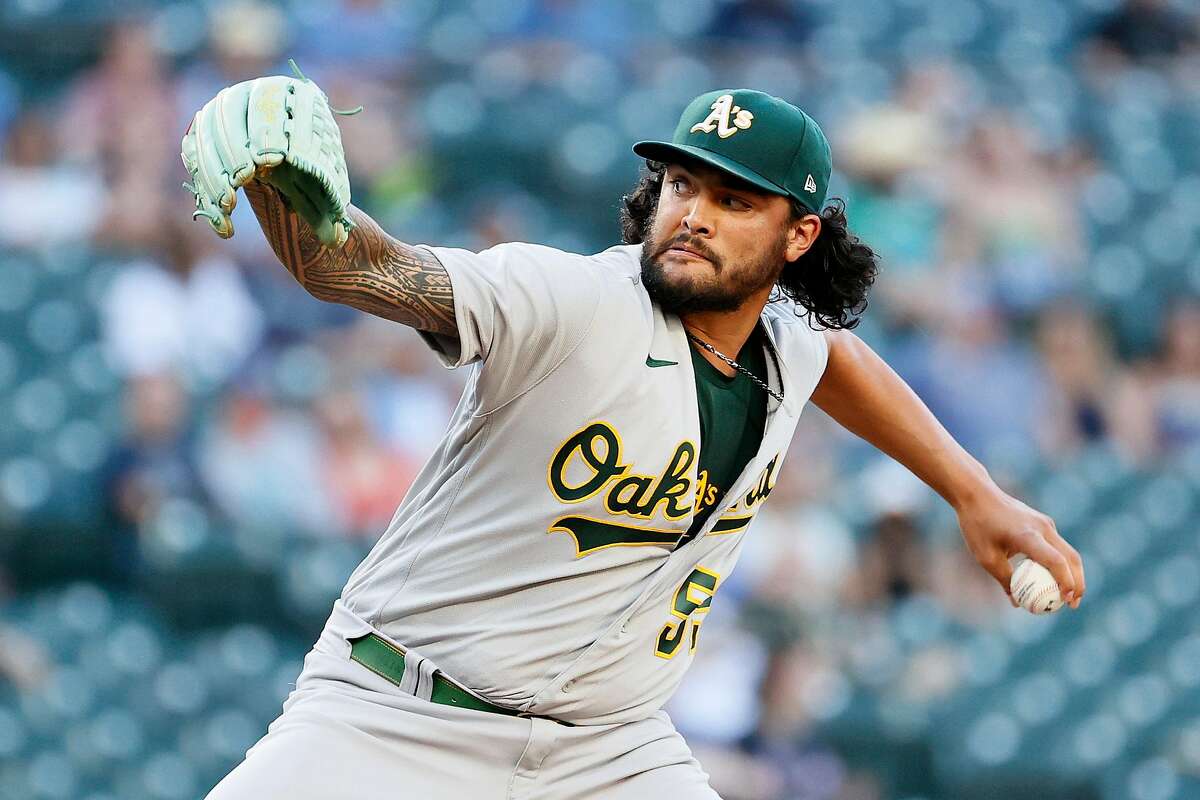 SEATTLE, WASHINGTON - JUNE 02: Sean Manaea #55 of the Oakland Athletics pitches during the first inning against the Seattle Mariners during Lou Gehrig Day at T-Mobile Park on June 02, 2021 in Seattle, Washington. (Photo by Steph Chambers/Getty Images)