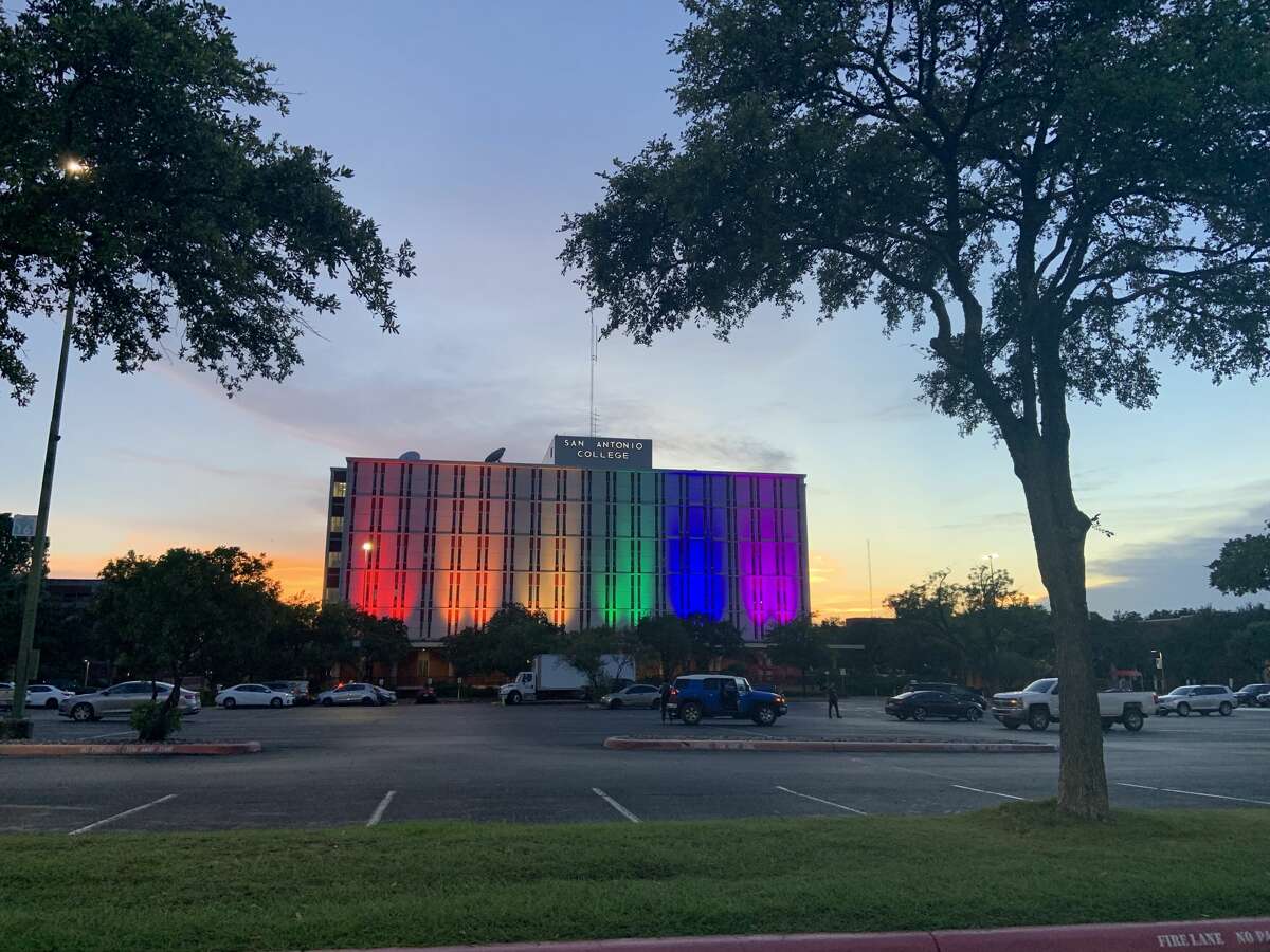 The Moody Building at San Antonio College lit up in rainbow for Pride in 2019.