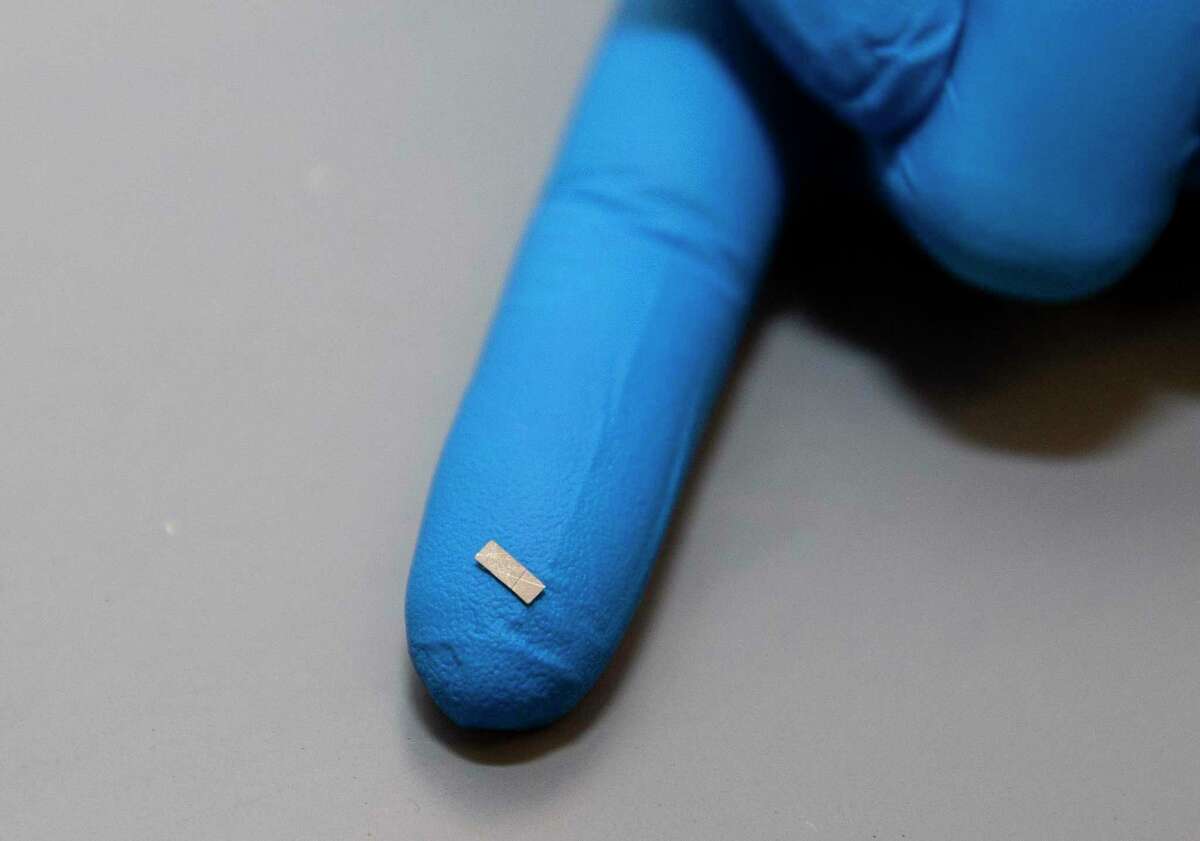 A magnetoelectric film, which can wirelessly harvest the power from a magnetic field, in a Rice University laboratory Friday, May 21, 2021, in Houston.