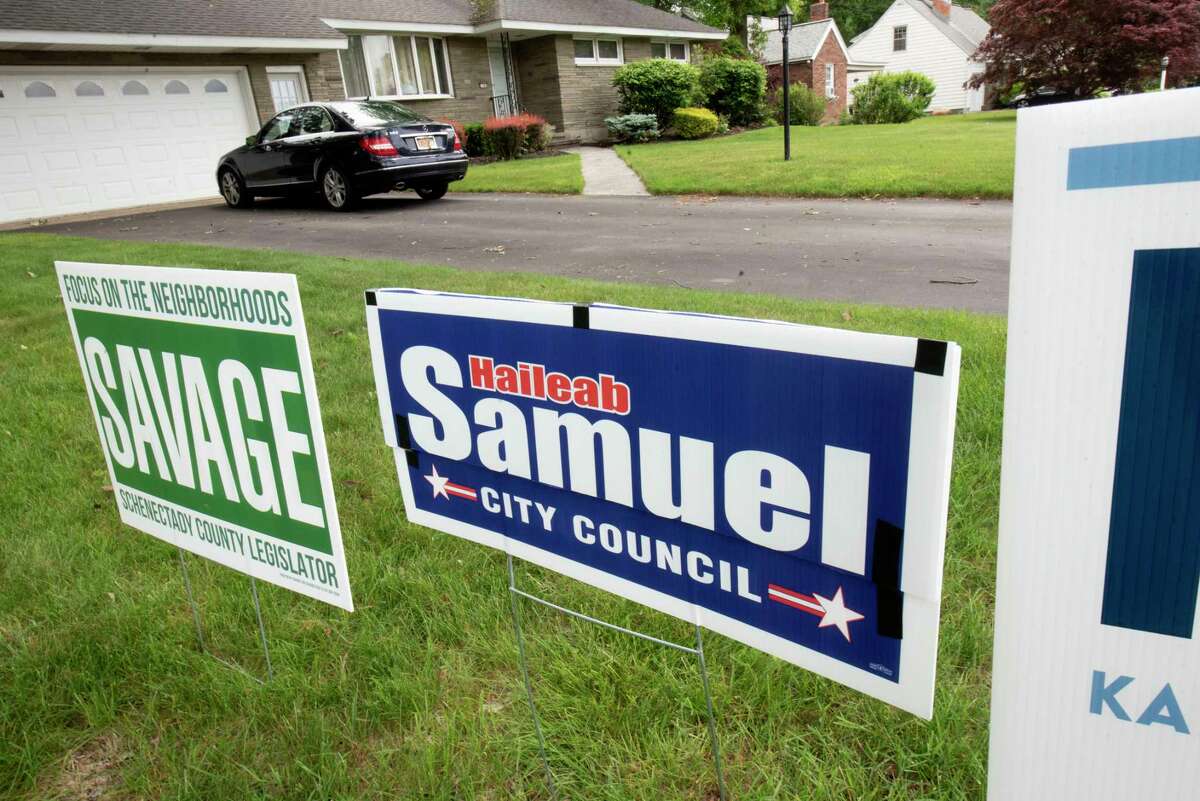 Campaign signs are seen on the lawn of Mayor Gary McCarthy’s home on Thursday, June 3, 2021 in Schenectady, N.Y. (Lori Van Buren/Times Union)