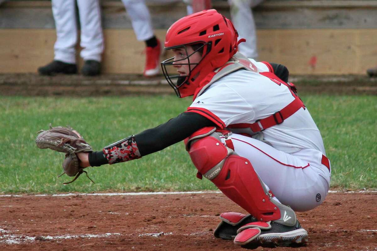 Benzie Central catcher Sam Ross waits on a pitch during a game earlier this spring. (Record Patriot file photo)