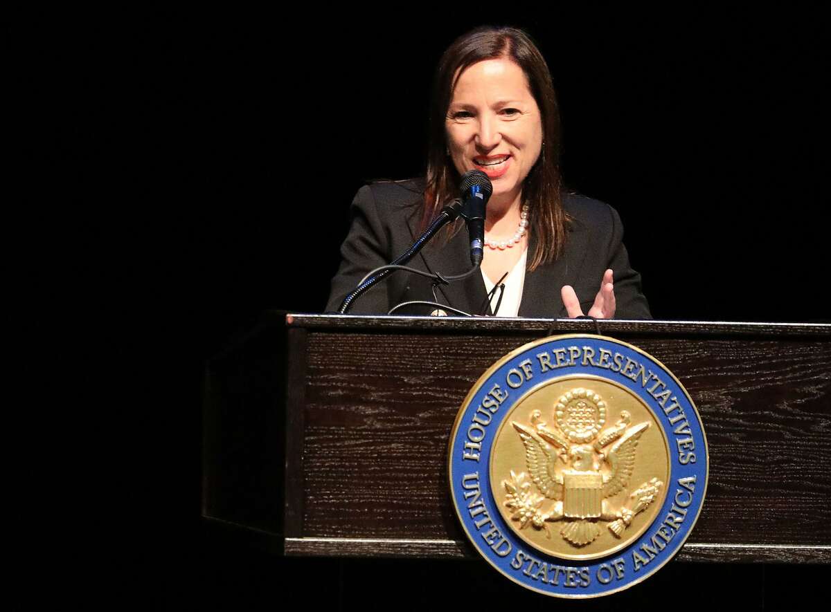 Lieutenant Governor Eleni Kounalakis speaks in place of Governor Gavin Newsom during the memorial service for former congresswoman Ellen Tauscher at the Lesher Center for the Arts on Thursday, June 6, 2019 in Walnut Creek, Calif.