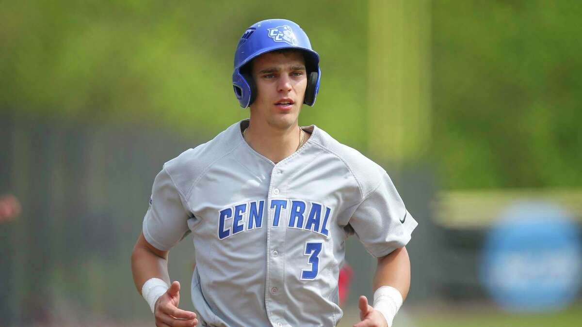 Central Connecticut State's Sam Loda (3) during an NCAA baseball game against Sacred Heart on Friday, May 7, 2021, in Fairfield, Conn. (AP Photo/Stew Milne)