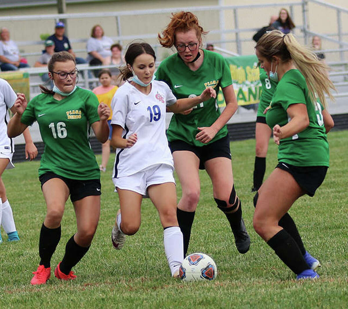 Carlinville’s Annabelle Hulin (19) scored twice Friday and held the Cavies to a 4-3 South Central Conference win over Litchfield. She is shown in action earlier this season against Southwestern.  