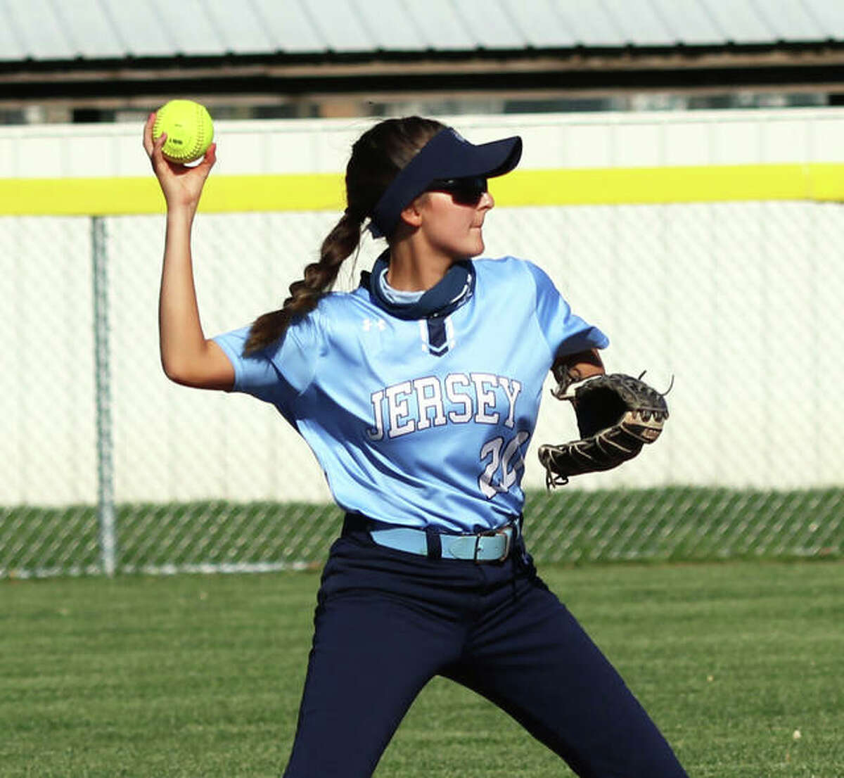 Jersey second baseman Ryleigh Jones throws to first during a game earlier this season. Jones’ double was one of four Panthers’ hits Thursday and that was not enough in a 2-0 Class 3A regional loss at Highland.