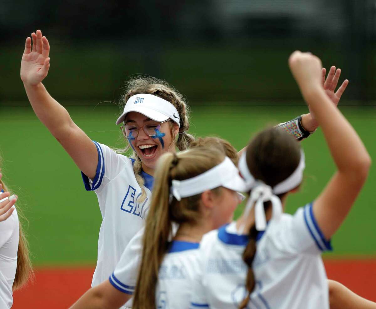 Barbers Hill starting pitcher Samantha Landry (12) celebrates with teammates after striking out 12 in the team’s 6-0 win over Hallsville to advance to the Class 5A state championship, Friday, June 4, 2021, in Leander.