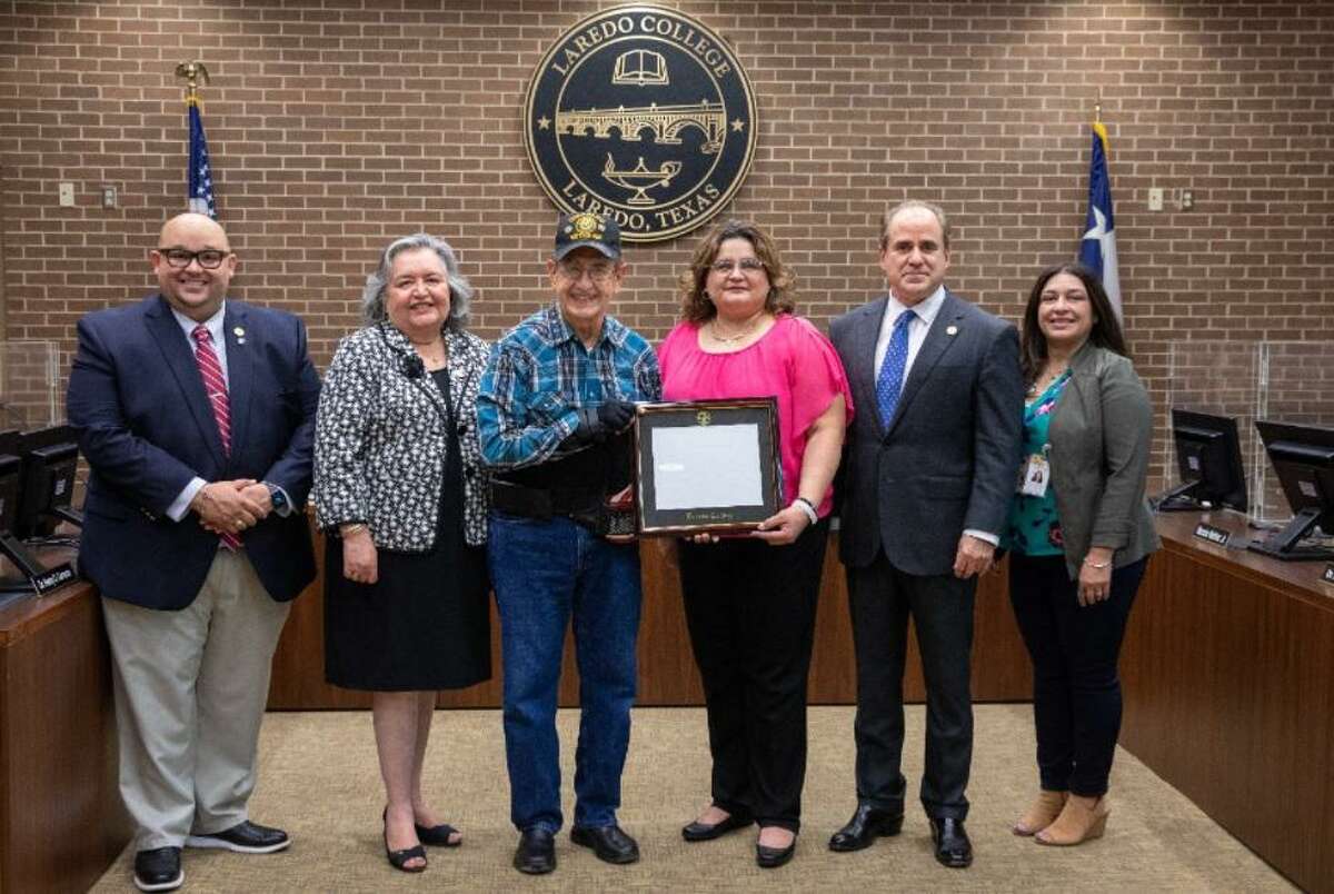 U.S. Army Veteran Henry De Silva was recently recognized by Laredo College. Pictured are LC Senior Director of External Affairs Michael Gonzalez, Board of Trustees President Lupita Zepeda, De Silva, Board Secretary Jackie Leven-Ramos, President Dr. Ricardo J. Solis and Library Director Cynthia Rodriguez.