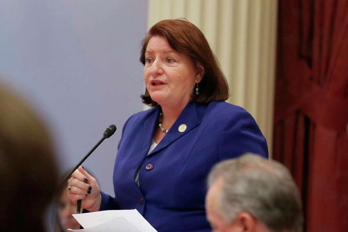 California state Senate President Pro Tem Toni Atkins of San Diego speaks on the floor of the Senate in Sacramento. She has pushed through a bill to address California’s housing shortage by allowing duplexes and lot splitting in residential neighborhoods across the state.