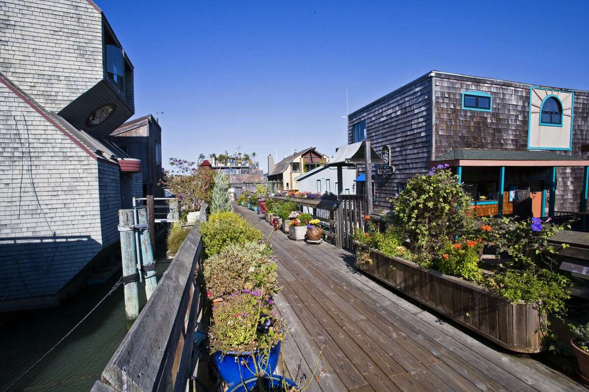 Houses on the water in the Issaquah Dock District of Waldo Point Harbor in Sausalito, Calif.