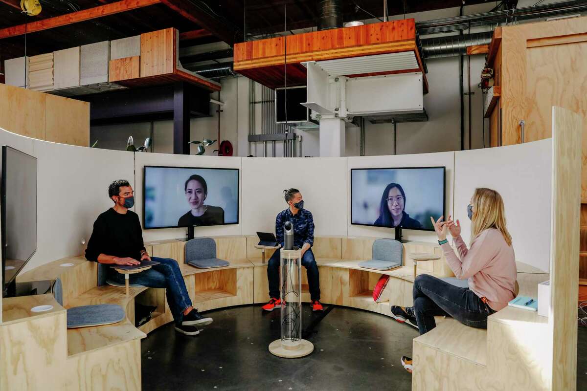 The Campfire meeting room concept, which would put virtual attendees on the same footing as in-person attendees, at Google in Mountain View, Calif., April 7, 2021. The company that helped popularize open office plans and lavish employee perks is trying to reinvent office spaces to cope with workplace sensibilities changed by the pandemic.
