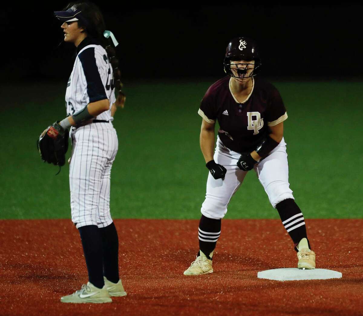 Emma Overla #5 of Deer Park reacts after hitting a double in the fifth inning of a Class 6A state semifinal game, Friday, June 4, 2021, in Leander.