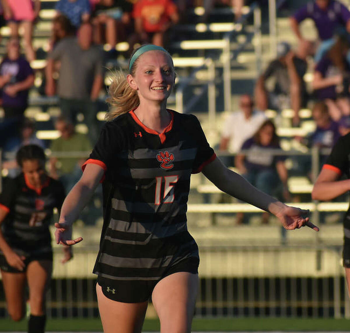 Edwardsville’s Maddie Hawley celebrates at the end of a 1-0 victory for the Tigers over the Collinsville Kahoks in a Class 4A regional championship game.