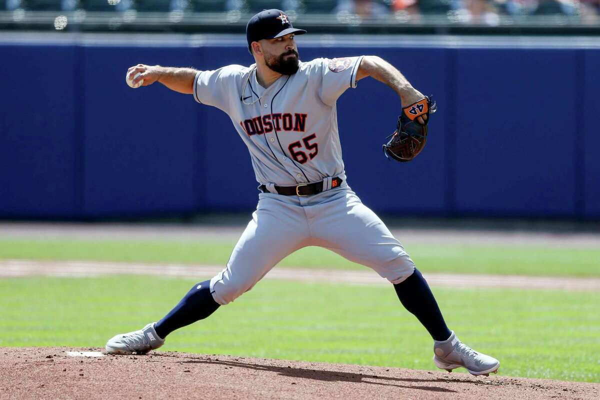 Houston Astros starting pitcher Jose Urquidy (65) throws during the first inning of the team's baseball game against the Toronto Blue Jays in Buffalo, N.Y., Saturday, June 5, 2021. (AP Photo/Joshua Bessex)
