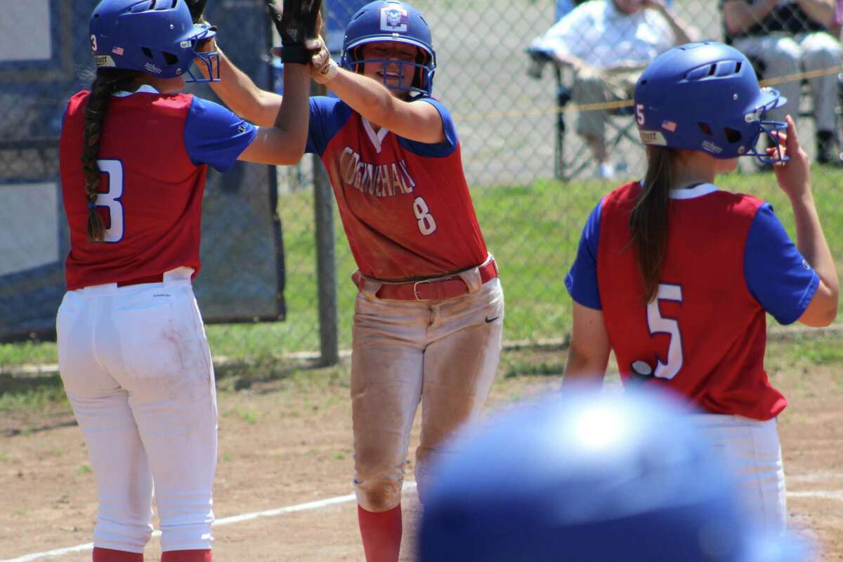 Amalia DeMartino (8) is met by teammate Ava Marenna, left, after the two scored on a hit by Jackie Kelly in the second inning. DeMartino had a 4-for-4 day at the plate.