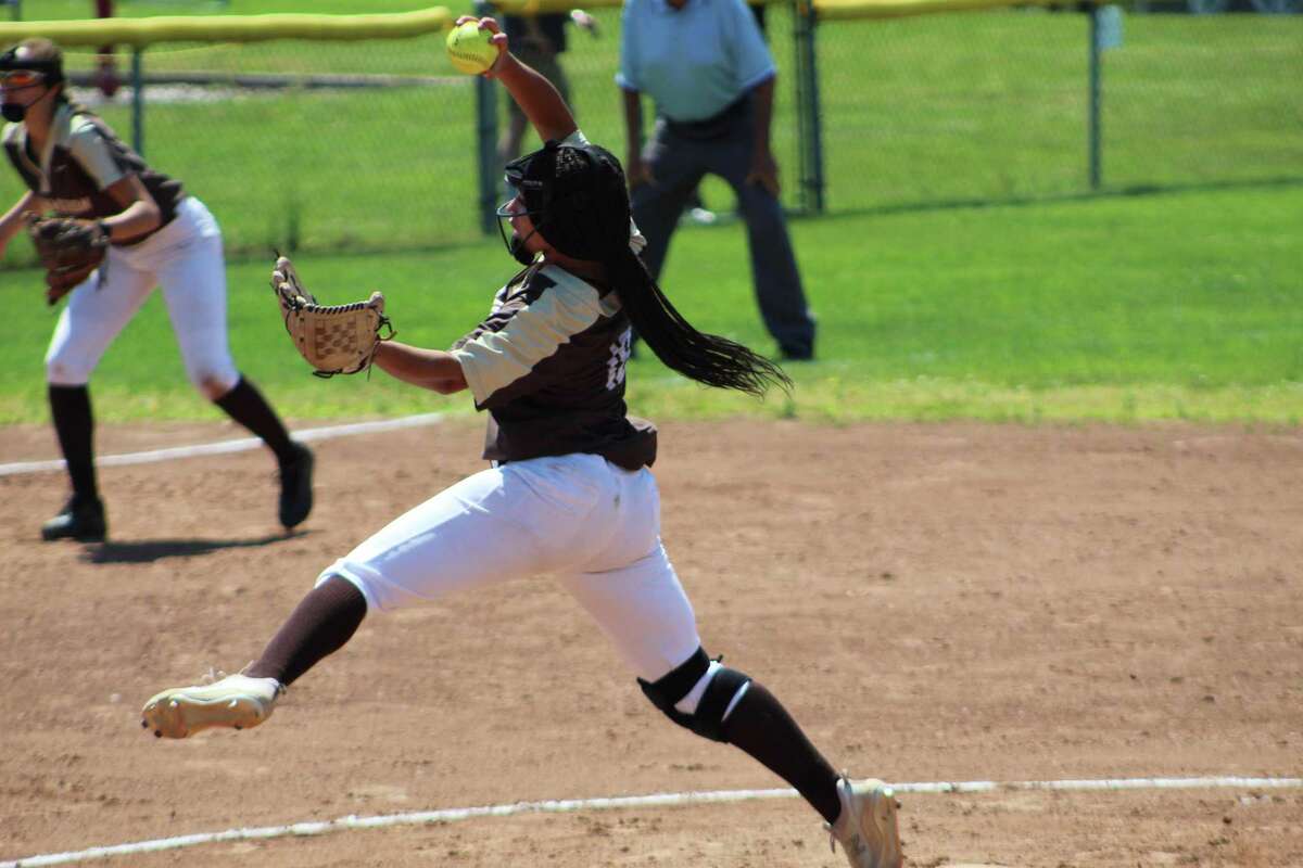 Thomaston pitcher Kaya Johnson winds up during Saturday's Class S quarterfinal against Coginchaug.