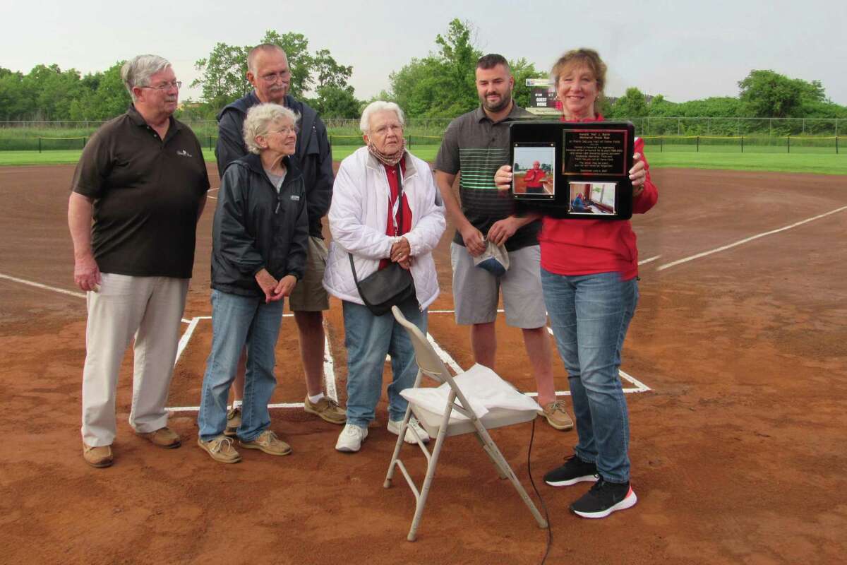 Martha Baird, wife of the late Hal Baird, wasn't present for dedication of the Hal Baird Press Box at Frank DeLuca Hall of Fame Field on Friday. Among those joining Martha Friday, were, from left, Stratford Councilman Bill O'Brien (9th District), a close friend of Hal Baird, Hal's sister and brother-in-law (in back), 1st District Councilman Christopher Pia, and Mayor Laura Hoydiick holding the plaque that will be mounted on press box wall, adjacent to where Hal announced games.