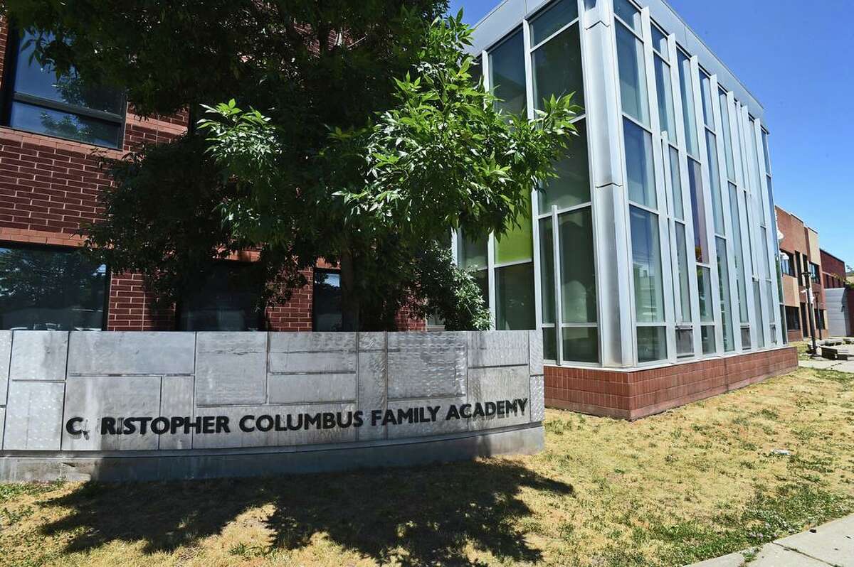 Christopher Columbus Family Academy school on Grand Ave. in New Haven in 2020. The name will be changed.