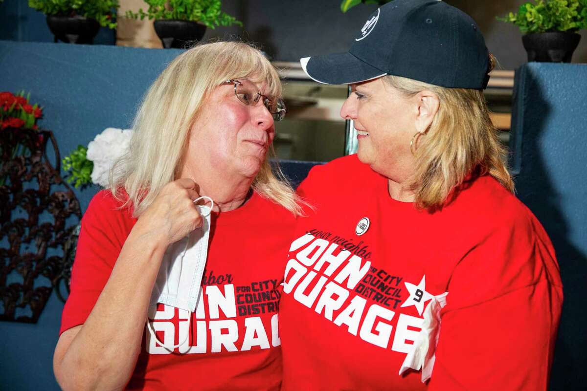 Zada True Courage, left, wife of District 9 City Councilman John Courage, gets emotional as she celebrates early results alongside Jamie Eickhoff during the election results party her her husband at Tilo Mexican restaurant on Saturday, June 5, 2021 in San Antonio.