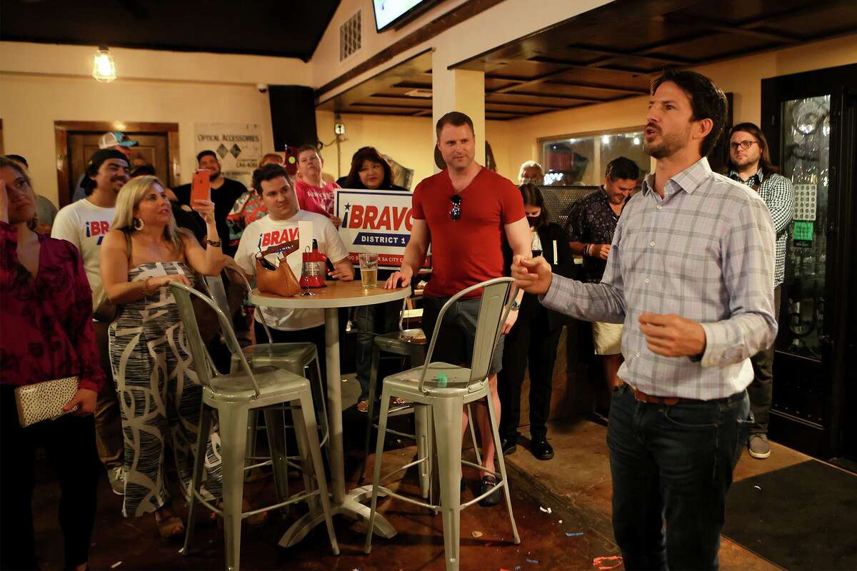 District 1 runoff candidate Mario Bravo addresses supporters at his election night party at Backyard on Broadway, 2411 Broadway St., on Saturday, June 5, 2021 after it appears he has defeated incumbent Roberto Trevino. Bravo won the election by 539 votes with 53.58% of the total votes cast.