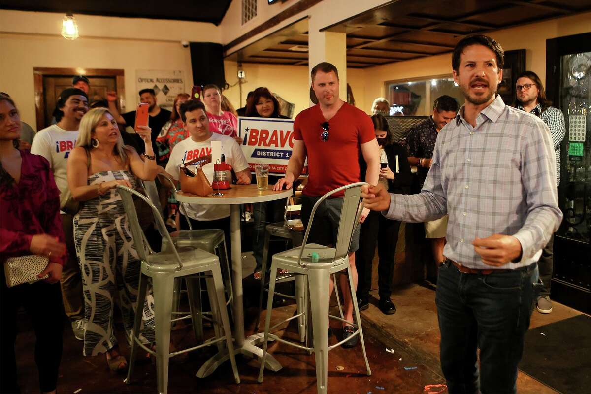 District 1 runoff candidate Mario Bravo addresses supporters at his election night party at Backyard on Broadway, 2411 Broadway St., on Saturday, June 5, 2021 after it appears he has defeated incumbent Roberto Trevino. Bravo won the election by 539 votes with 53.58% of the total votes cast.