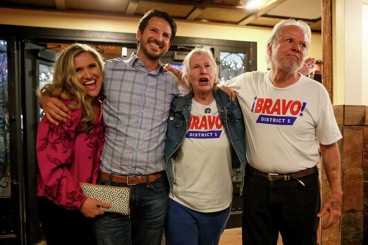 District 1 runoff candidate Mario Bravo celebrates with his girlfriend, Burgundy Hubbert, left, and parents Sissy Bravo and Armando Bravo at his election night party at Backyard on Broadway, 2411 Broadway St., on Saturday, June 5, 2021. Bravo defeated incumbent Roberto Trevino by 539 votes with 53.58% of the total votes cast.