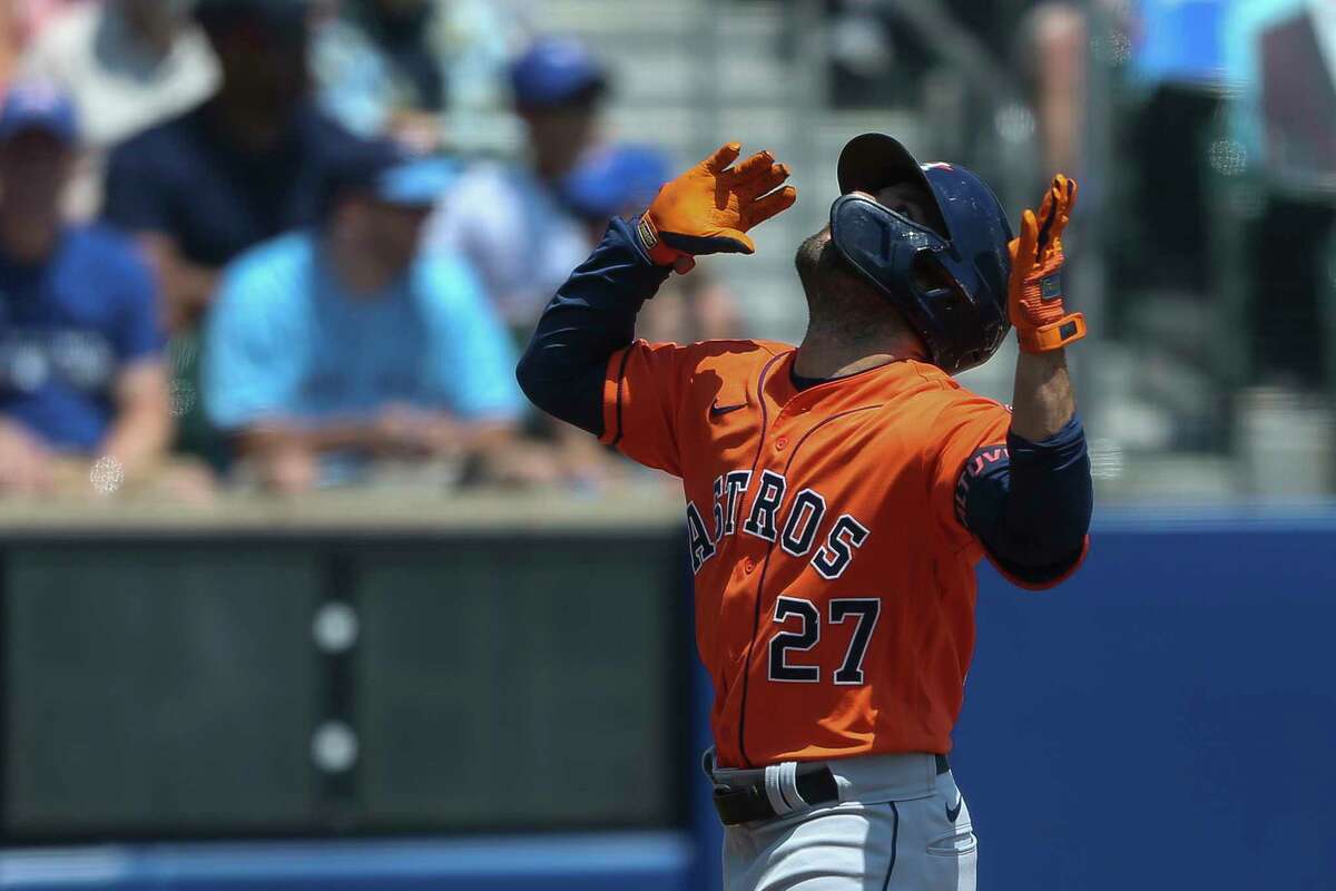 Houston Astros' Jose Altuve (27) celebrates his home run during the first inning of the team's baseball game against the Toronto Blue Jays in Buffalo, N.Y., Sunday, June 6, 2021. (AP Photo/Joshua Bessex)