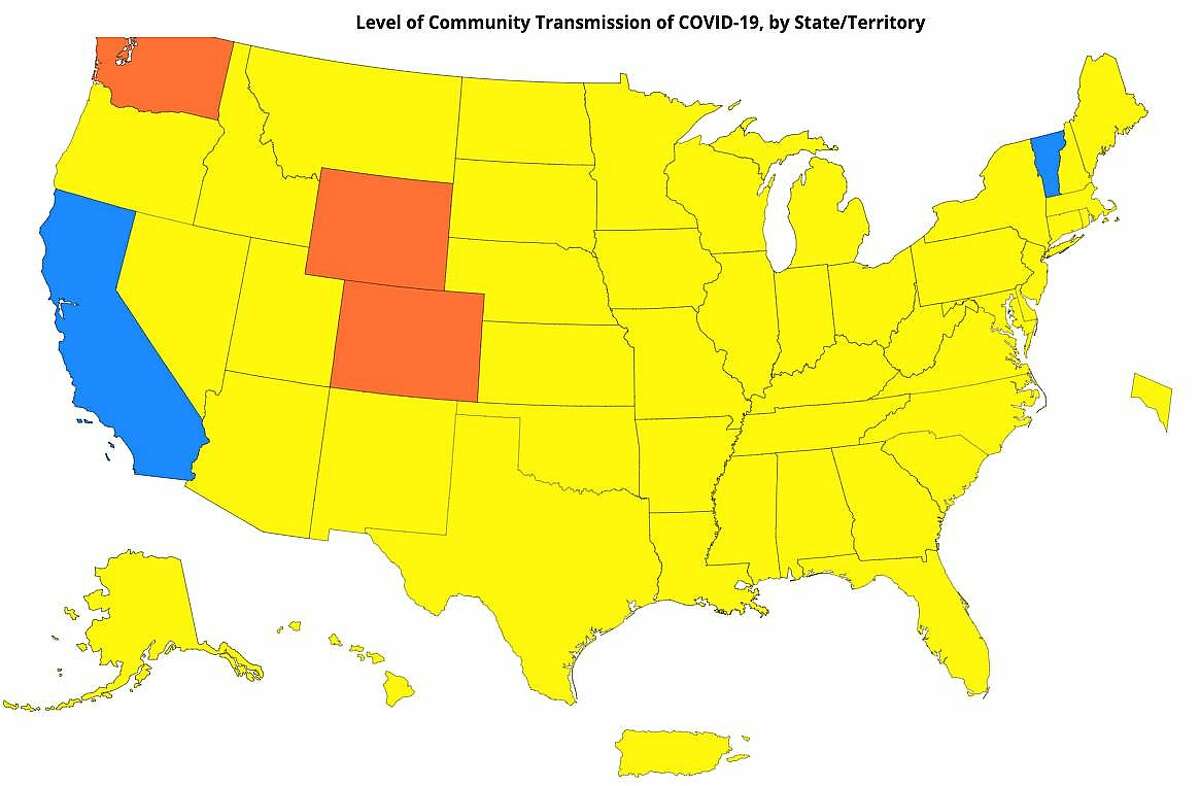 The CDC's map shows levels of community transmission of the coronavirus by state as of Sunday, June 6, 2021.