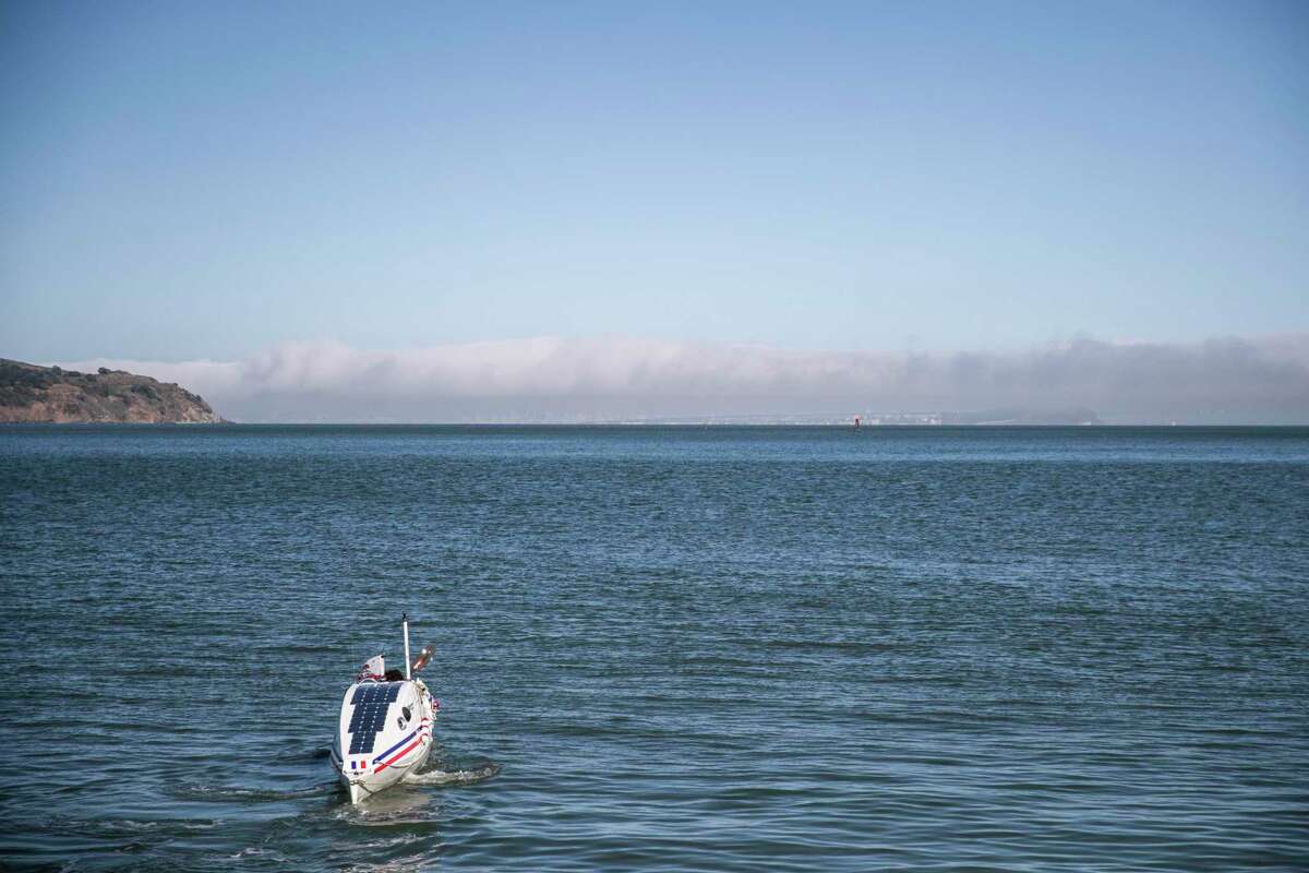 Cyril Derreumaux paddles in his custom ocean kayak in Richardson Bay in Sausalito in May 2021.