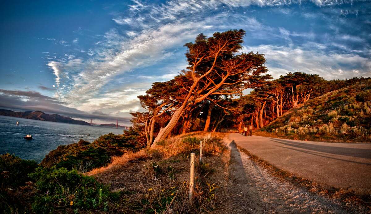 People walking on road with Golden Gate Bridge, Pacific Ocean and wind swept Cypress trees in background, San Francisco.