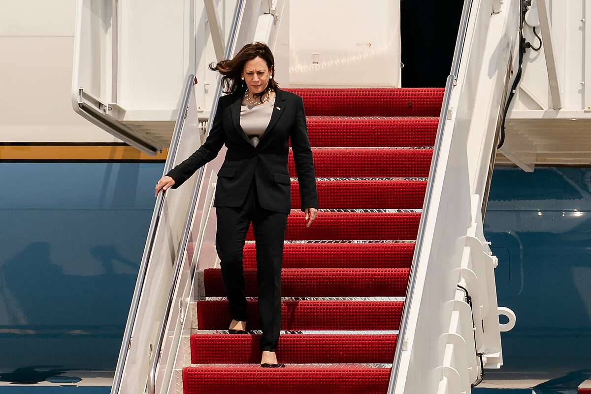 Vice President Kamala Harris disembarks Air Force Two at Joint Base Andrews in Maryland on Sunday, June 6, 2021, after the plane had mechanical issues on her way to Guatemala and Mexico for her first foreign trip in office.
