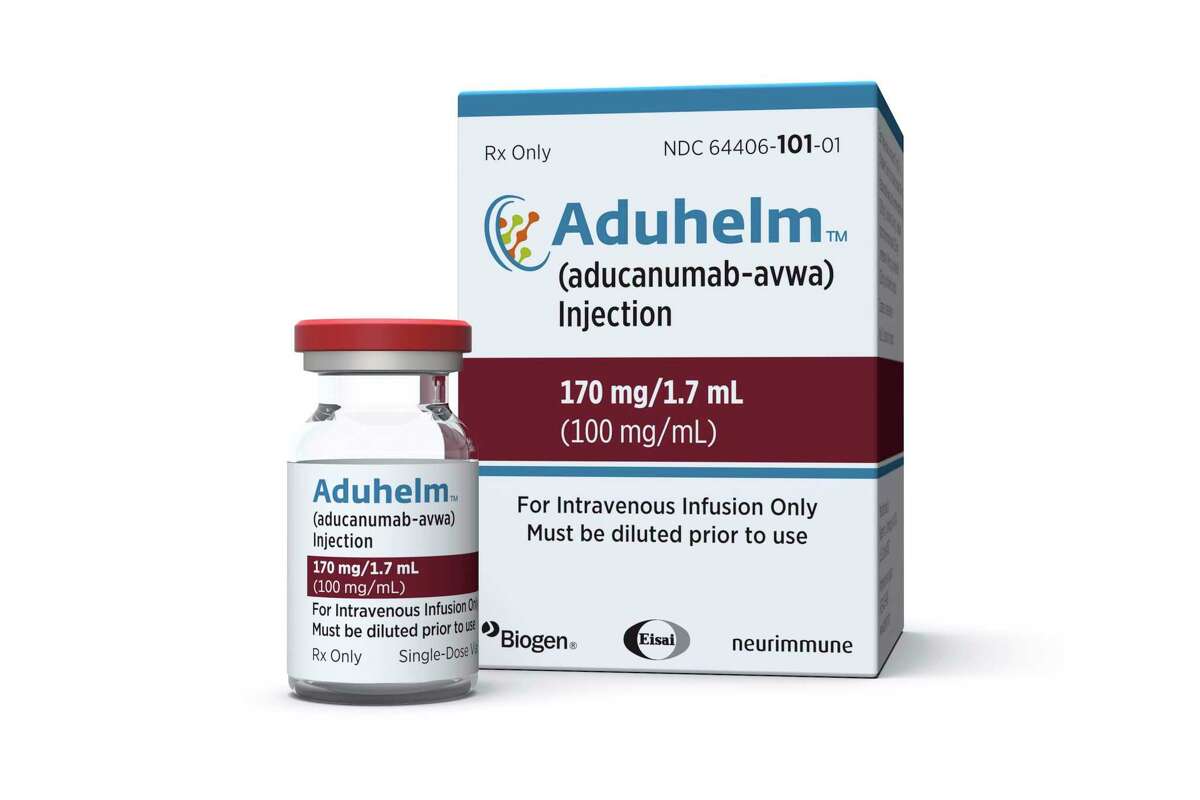 This image provided by Biogen on Monday, June 7, 2021, shows a vial and packaging for the drug Aduhelm.