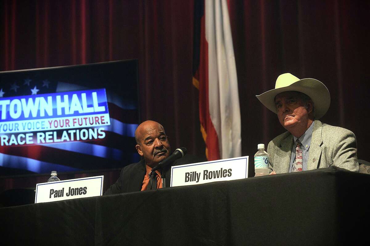Beaumont NAACP President Paul Jones reacts as Newton County Sheriff Billy Rowles responds to a question during a town hall meeting on race relations in Southeast Texas hosted by KFDM Wednesday night at the Event Centre. Several local officials, including Jefferson County Sheriff Zena Stephens, and Beaumont Police Chief James Singletary were among the panel speakers to respond to questions from the public both in attendance and watching online. Photo taken Wednesday, January 18, 2017 Kim Brent/The Enterprise