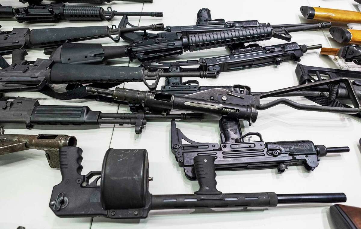 Handguns, rifles, shotguns and assault weapons, collected in a Los Angeles Gun Buyback event displayed during a news conference at the LAPD headquarters in Los Angeles in 2012.