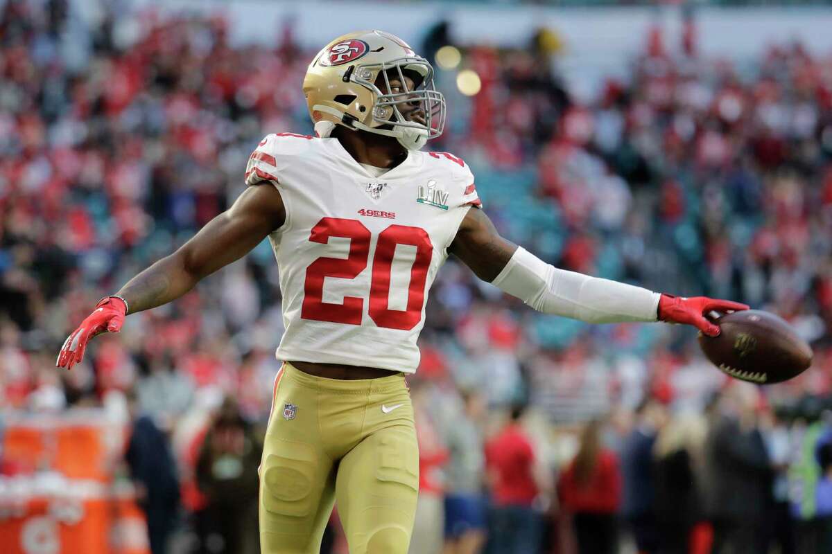 San Francisco 49ers' Jimmie Ward (20) warms up before the NFL Super Bowl 54 football game between the San Francisco 49ers and Kansas City Chiefs Sunday, Feb. 2, 2020, in Miami Gardens, Fla. (AP Photo/Lynne Sladky)