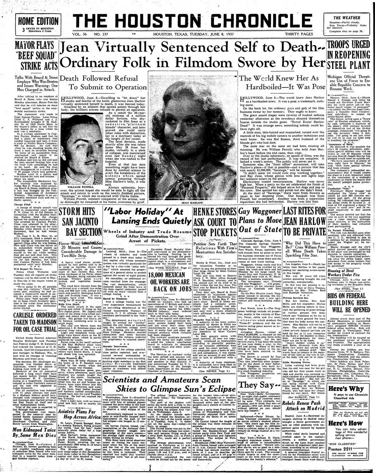 Houston Chronicle front page from June 8, 1937.
