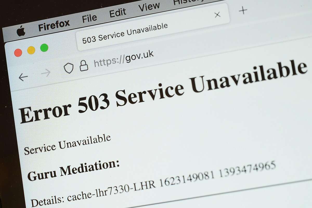 In this Photo illustration, a screen displays a holding page of the Gov.UK Government website portal on June 08, 2021 in London, England. A wide range of major websites including eBay, Paypal, The Financial Times, Reddit, Twitch and The Guardian were taken offline due to what is believed to be an issue with the Fastly cloud hosting service. Some of the affected websites displayed the message “Error 503 Service Unavailable.”