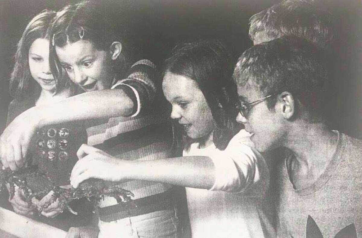 Shannon Bahr, Taylor Jones, Katherine Currie and Charlie Stibitz get a feel for creepy crawlers of the sea during a presentation at Cook Elementary School. November 2001