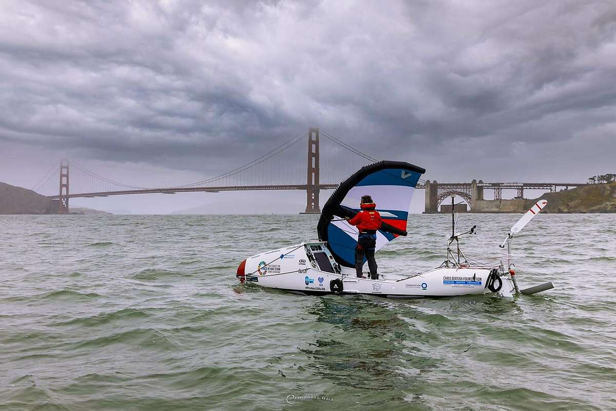Chris Bertish sails his wing-powered hydrofoil craft recently just outside San Francisco Bay.