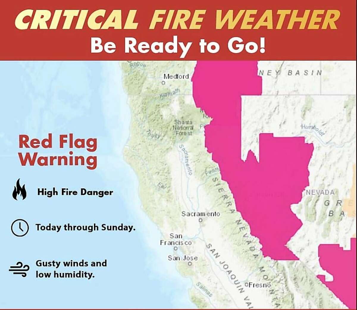 A Cal Fire map showing large portions of northeastern California under a red flag warning — signaling a critical wildfire risk — that will last through Sunday.