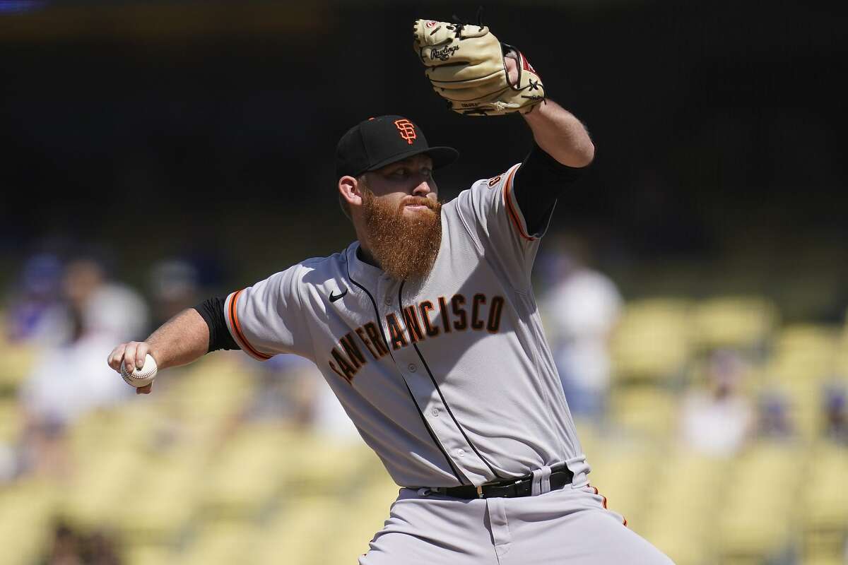 San Francisco Giants relief pitcher Zack Littell (56) throws during a baseball game against the Los Angeles Dodgers Sunday, May 30, 2021, in Los Angeles. (AP Photo/Ashley Landis)