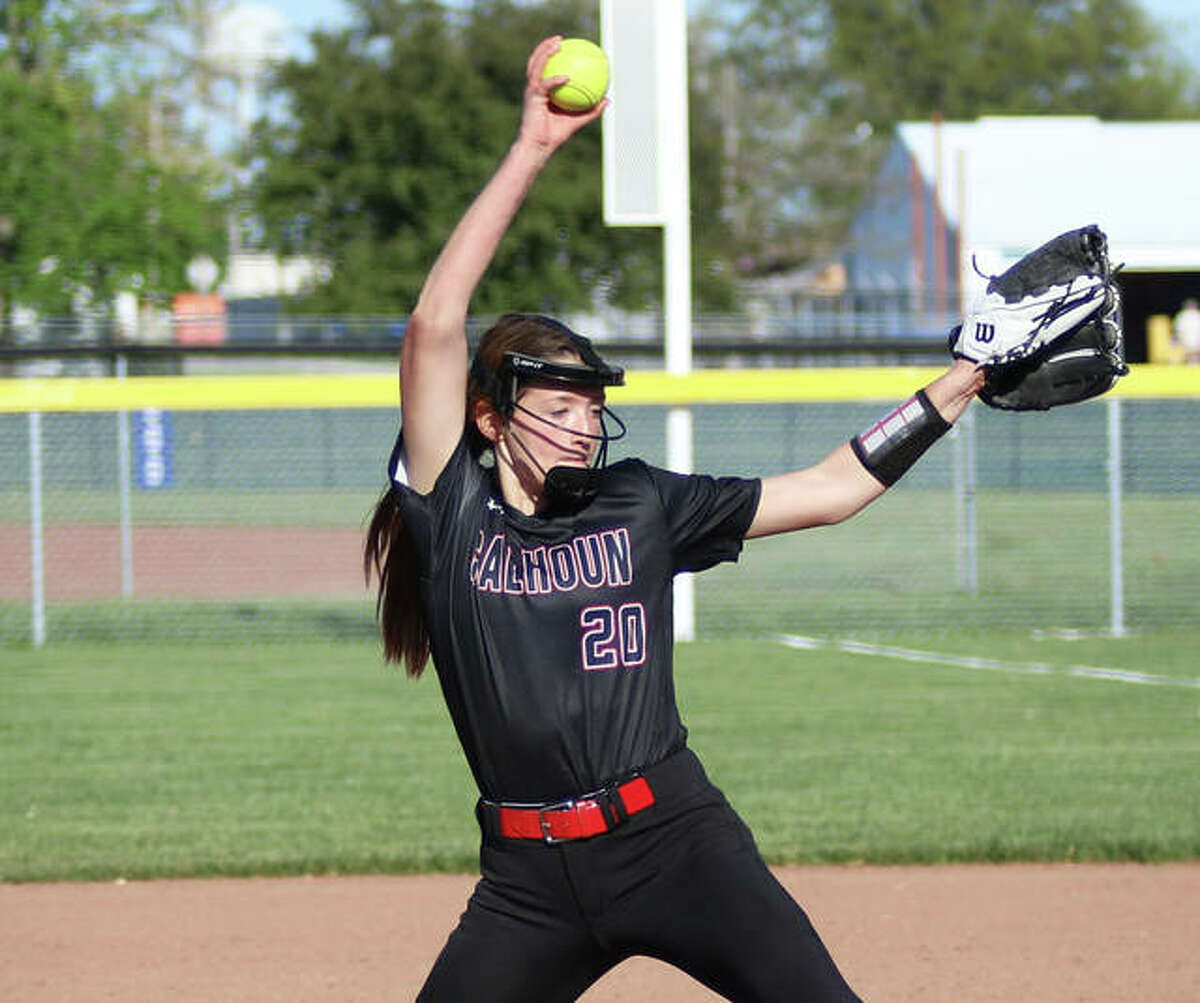 Calhoun’s Kylie Angel, shown pitching earlier this season, threw a one-hitter and struck out 11 in Tuesday’s 1-0 Class 1A sectional semifinal loss to Christ Our Rock Lutheran in Centralia.
