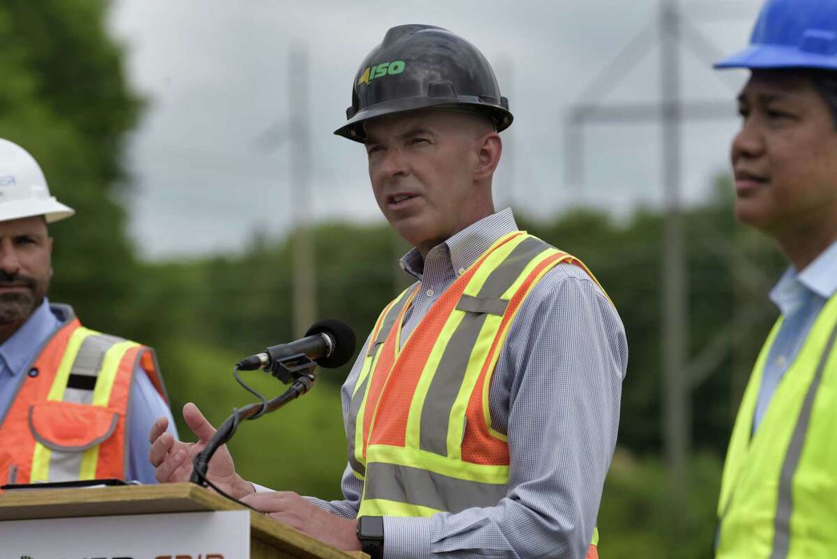 Rich Dewey, president and CEO of NYISO, speaks at a press event at the site where a new substation is being constructed on Wednesday, June 9, 2021, in Schenectady, N.Y. The work is part of the Central East Energy Connect transmission upgrade project. (Paul Buckowski/Times Union)