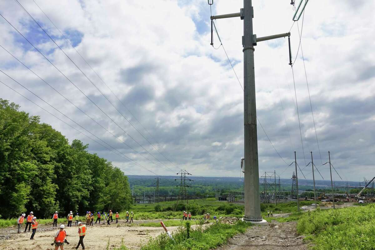 A view of one of the newly installed monopoles, supporting transmission lines, seen here at the site where a new substation is being constructed on Wednesday, June 9, 2021, in Schenectady, N.Y. The work is part of the Central East Energy Connect transmission upgrade project. (Paul Buckowski/Times Union)
