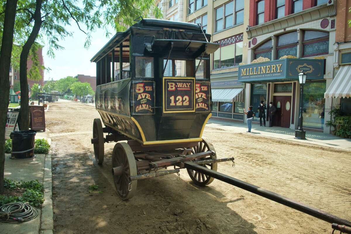 A view of a carriage used in the filming for the HBO show The Gilded Age seen here in downtown Troy near Monument Square on Wednesday, June 9, 2021, in Troy, N.Y. (Paul Buckowski/Times Union)