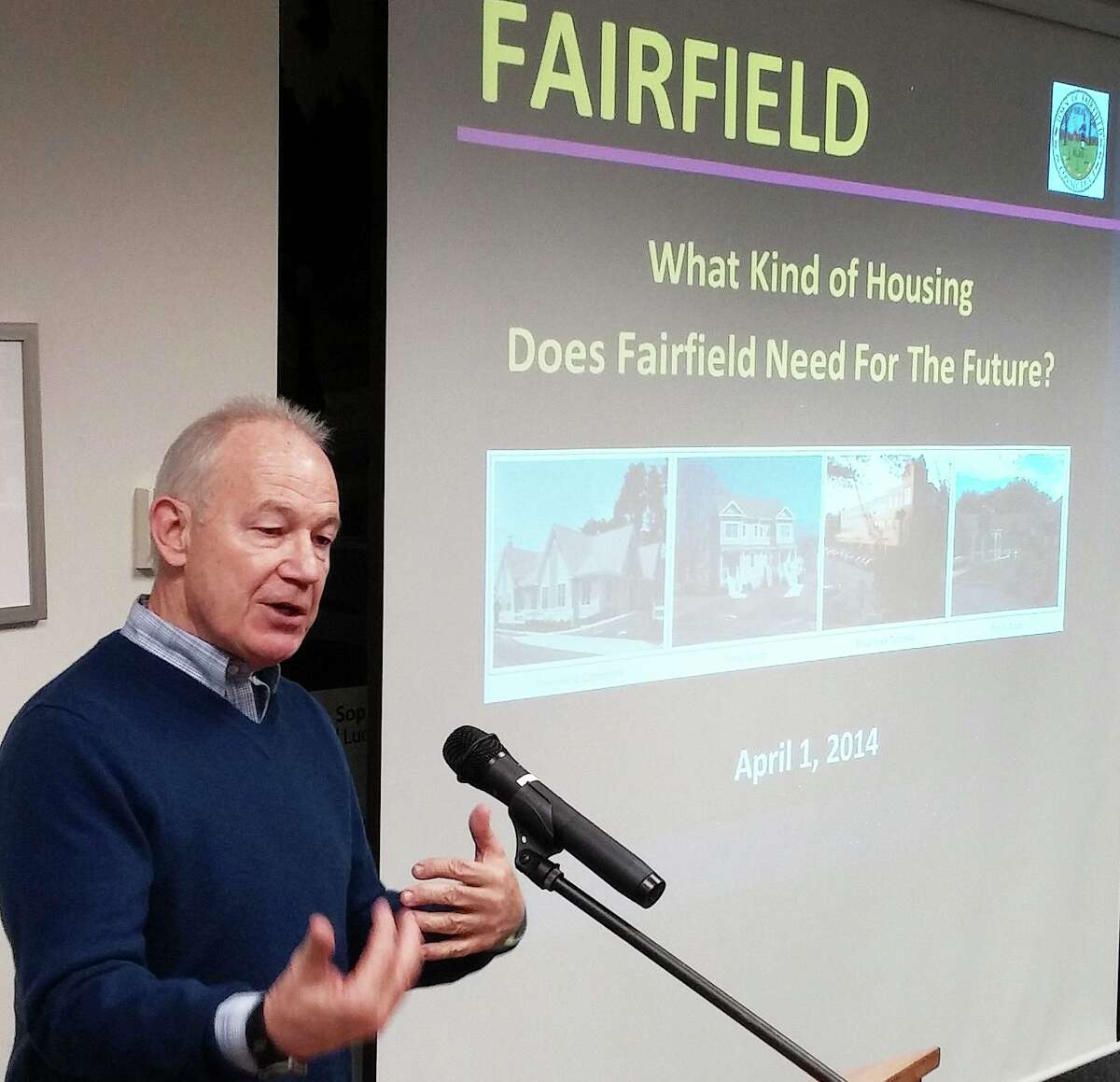 File photo of Stephen Grathwohl, chairman of the Fairfield's Affordable Housing Committee, addressing a forum on possible updates to the town's affordable housing plan.