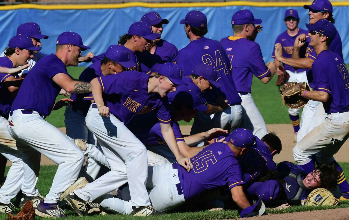 Vikings celebrate their win as the Brien McMahon High School Senators take on the Westhill High School Vikings in their Class LL baseball semifinal game Wednesday, June 9, 2021, at Cubeta Stadium in Stamford, Conn.