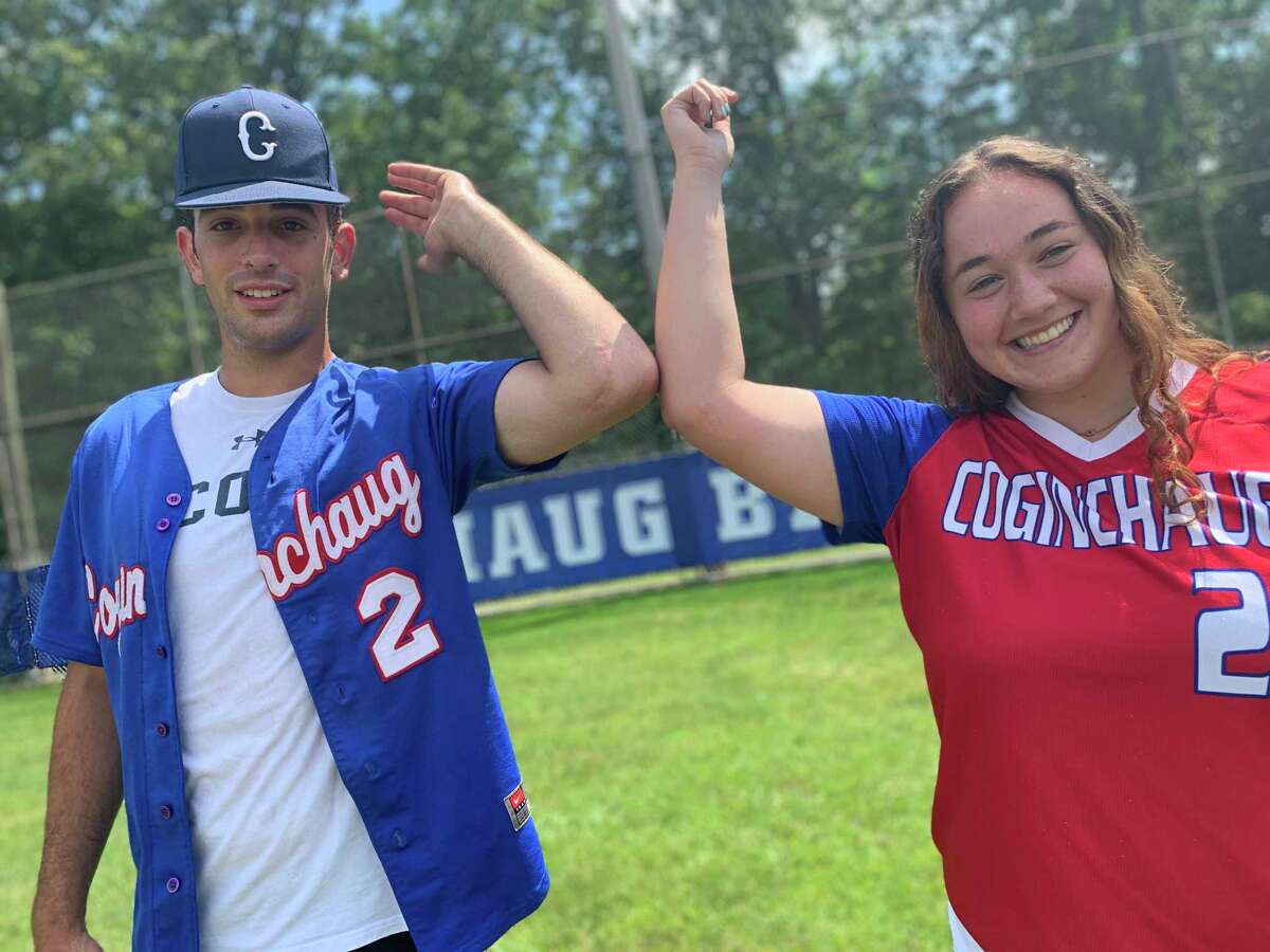 Coginchaug's Kolby Pascarelli has a scar from Tommy John surgery which curls the inside of his left elbow. Kelly Boothroyd has a scar from ulnar nerve surgery lines on the inside of her right elbow less obtrusively.