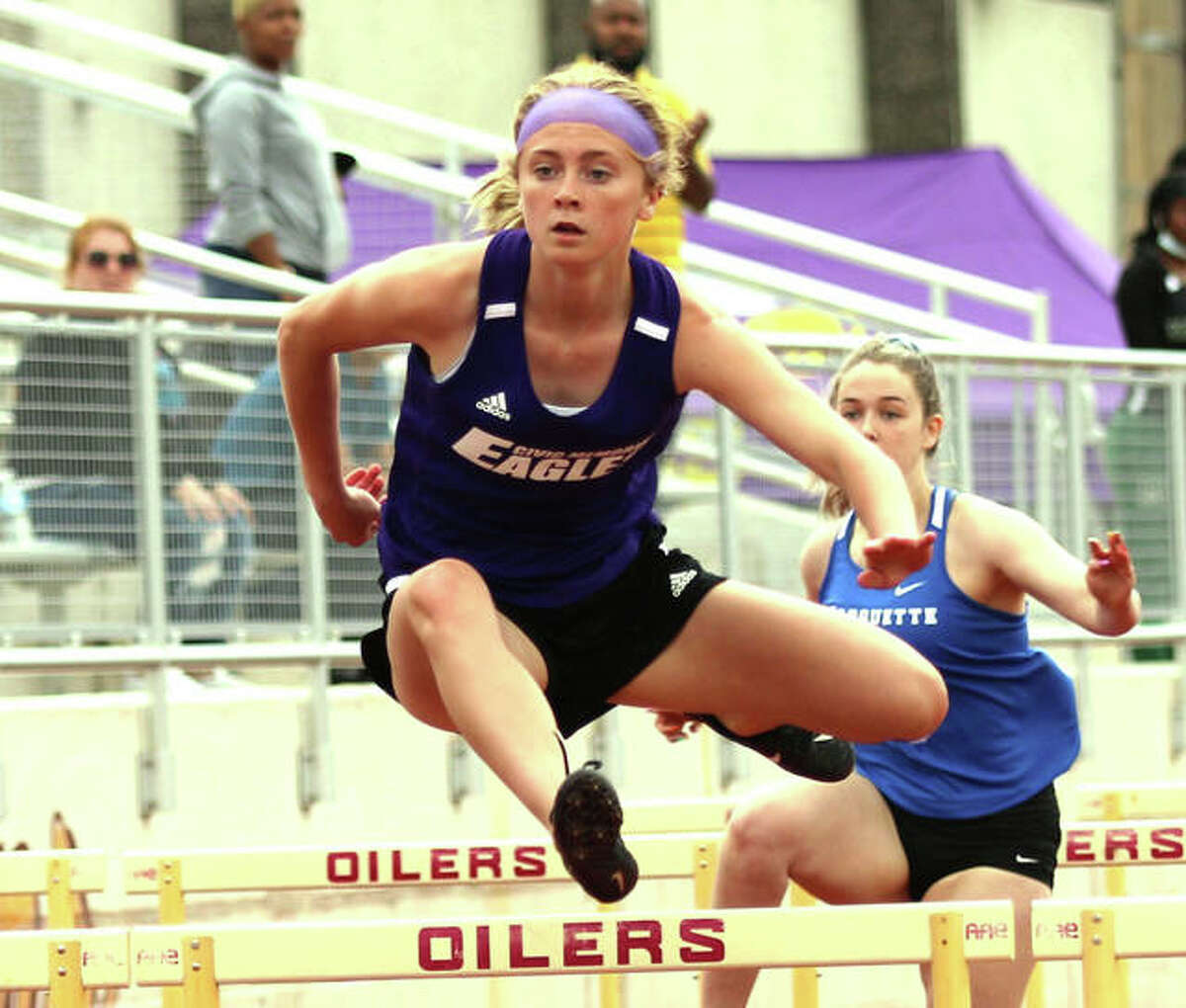 CM sophomore Bella Dugger wins the 100-meter hurdles at the Madison County Meet on May 17 in Wood River. Dugger makes her first state appearance in the event Friday in Charleston.