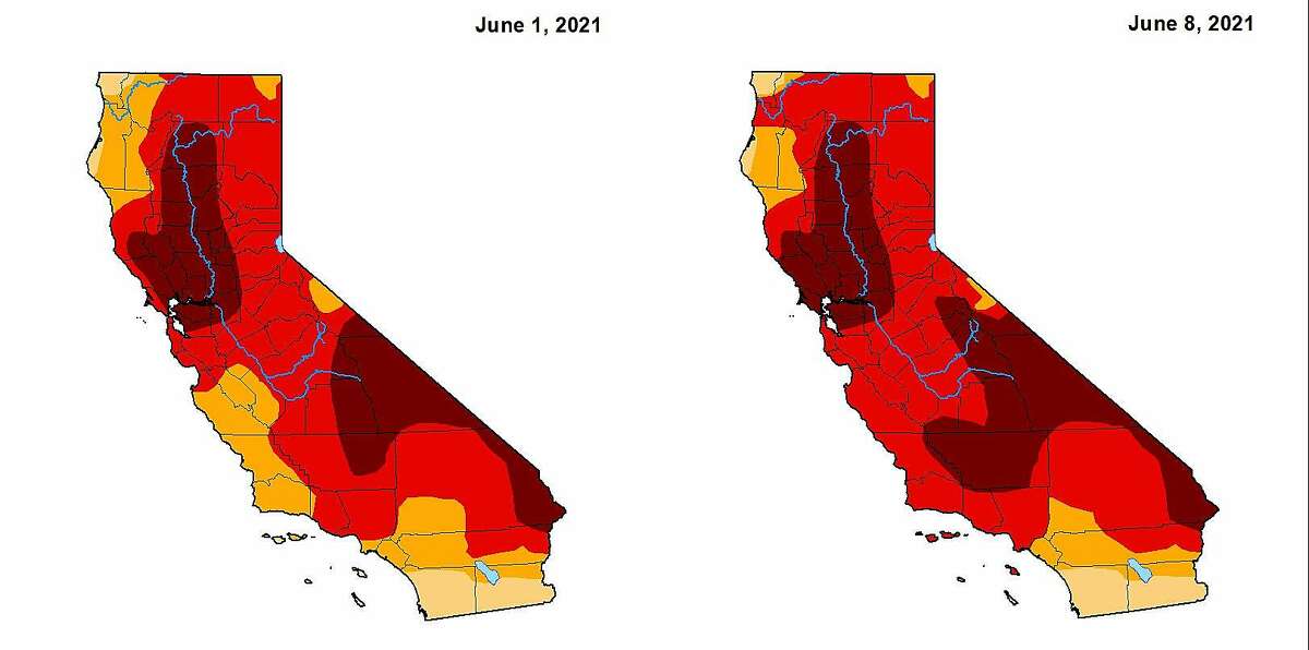 The U.S. Drought Monitor maps of California from Tuesday (right) and last week.